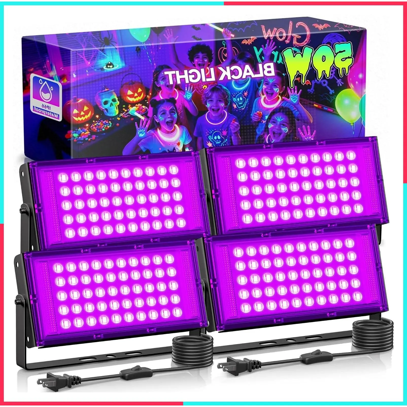 4 Pack 50W LED Black Light, Waterproof Blacklight for Glow Party, Halloween