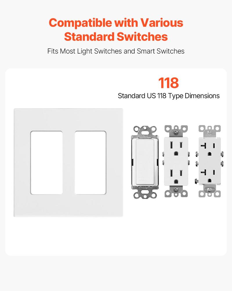VEVOR Rocker Light Switch Wall Plates, 2-Gang Decorative Outlet Covers,Standard Size 4.57in L x 4.53in H Unbreakable Polycarbonate Thermoplastic Faceplate for Receptacle Outlet&Switch(5 Pack, White)