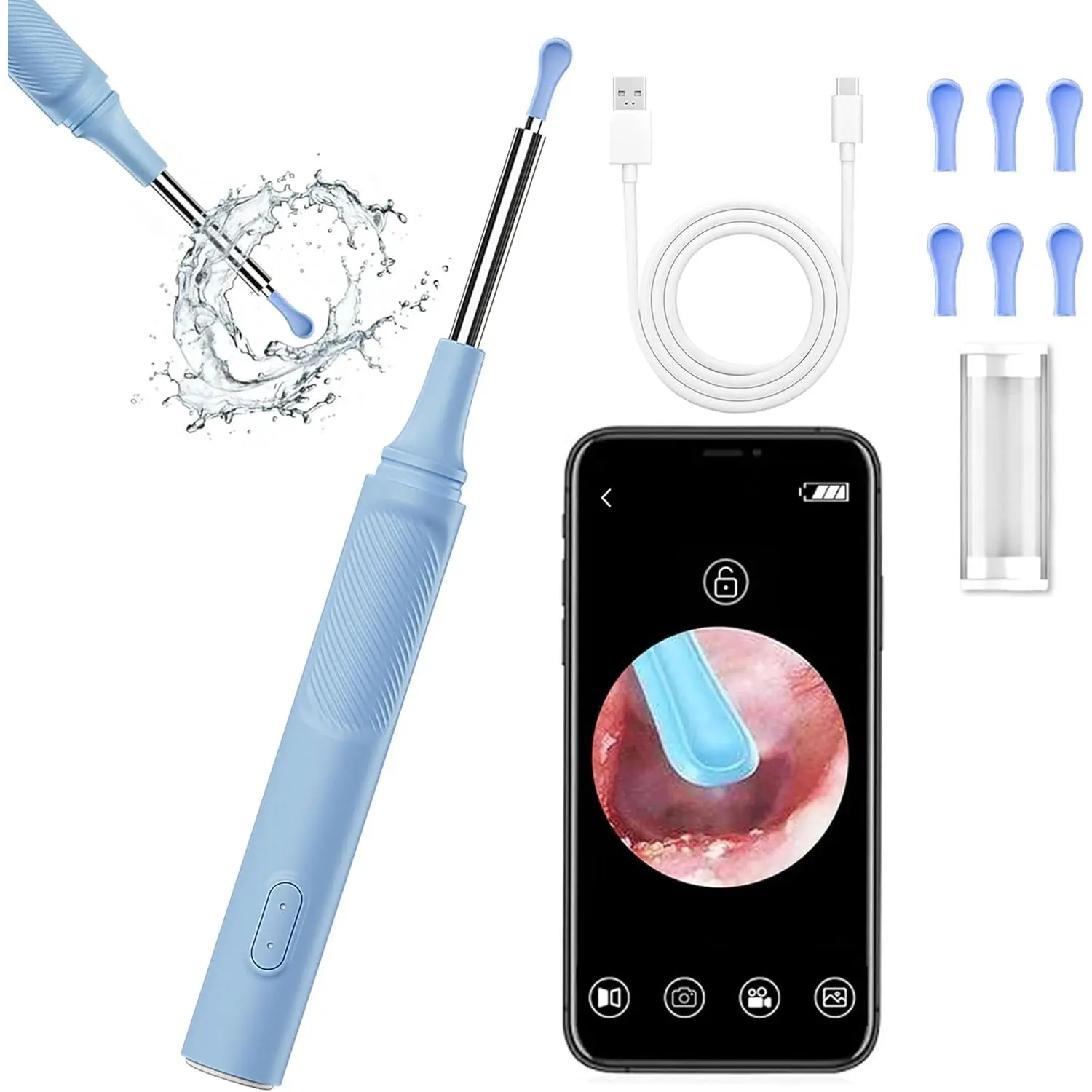 Ear Wax Removal - Earwax Remover Tool - 1080P Ear Camera with 6 LED Light - Ear Cleaning Kit with 6 Silicone Tips, Compatible with iOS Android, for Ear Nose Mouth Checking(Blue, 1 Ear Pick)