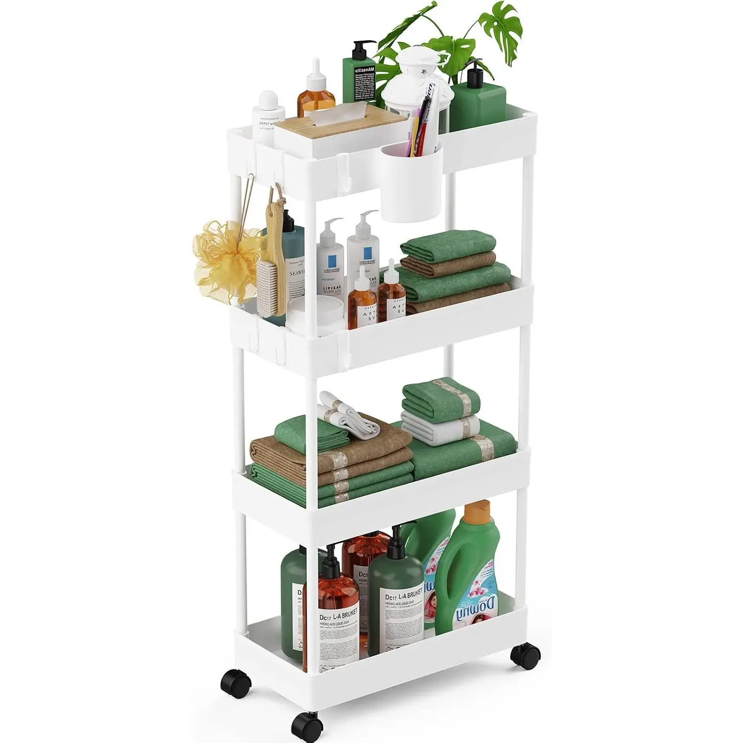 Slim Rolling Storage Cart - 4 Tiers Bathroom Organizer Utility Cart Slide Out Storage Shelves Mobile Shelving Unit for Kitchen, Bedroom, Office, Laundry Room, Small Narrow Spaces (7.1" W+White)