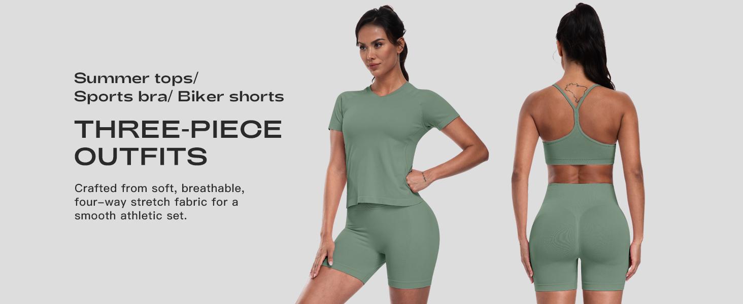 Women 3 Piece Workout Sets Seamless Running Tops Athletic Gym Yoga Short Y Back Sports Bras Outfits