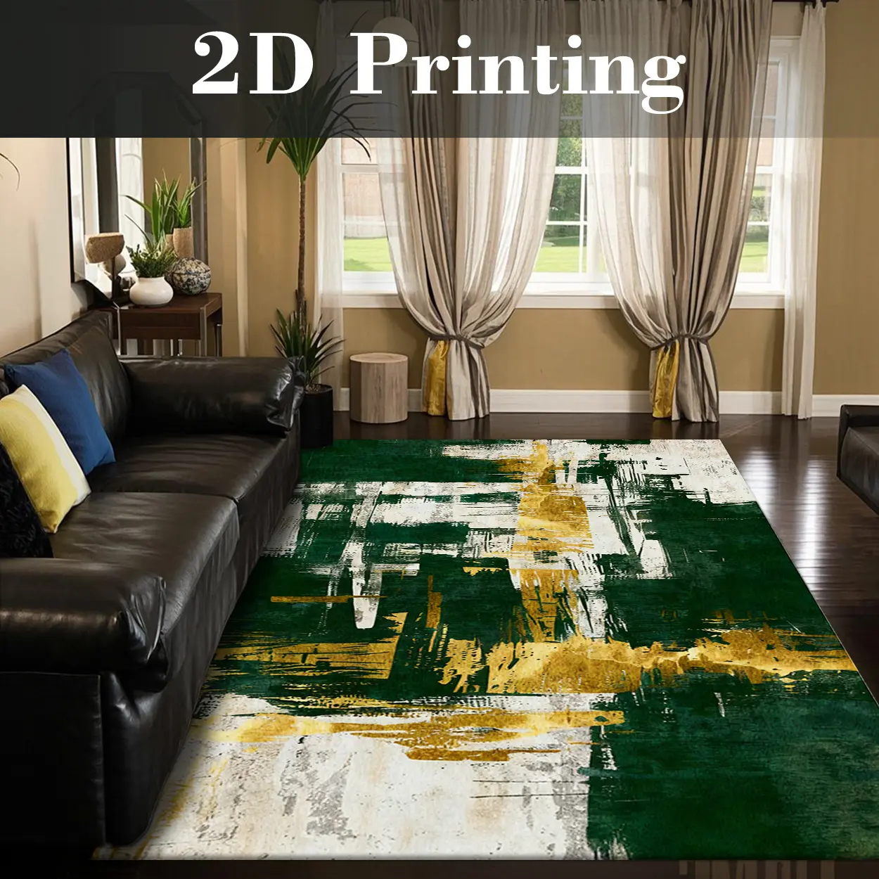 Local Delivery, Multiple Sizes Washable Non Slip Green Gold Abstract Area Rug for Living Room, Modern Art Style Rug