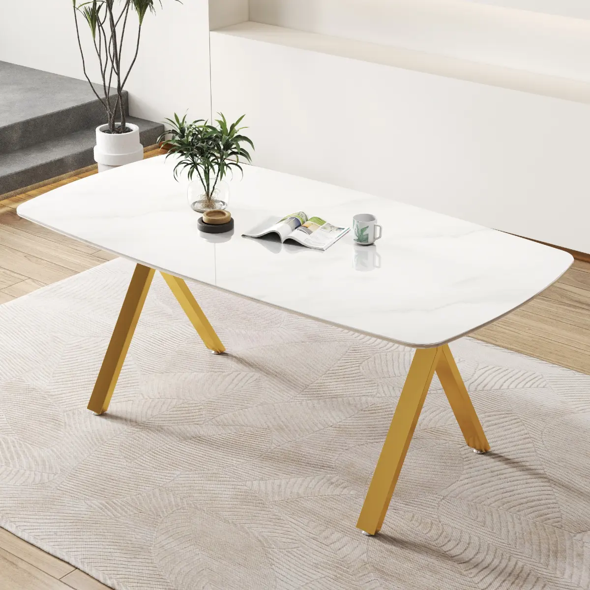 Aobtkel Rectangular Indoor Dining Table - Tempered Glass Marble-Patterned Tabletop, Golden Metal Frame, Adjustable Legs, Easy Setup, High Stability, Ideal for Restaurant Settings