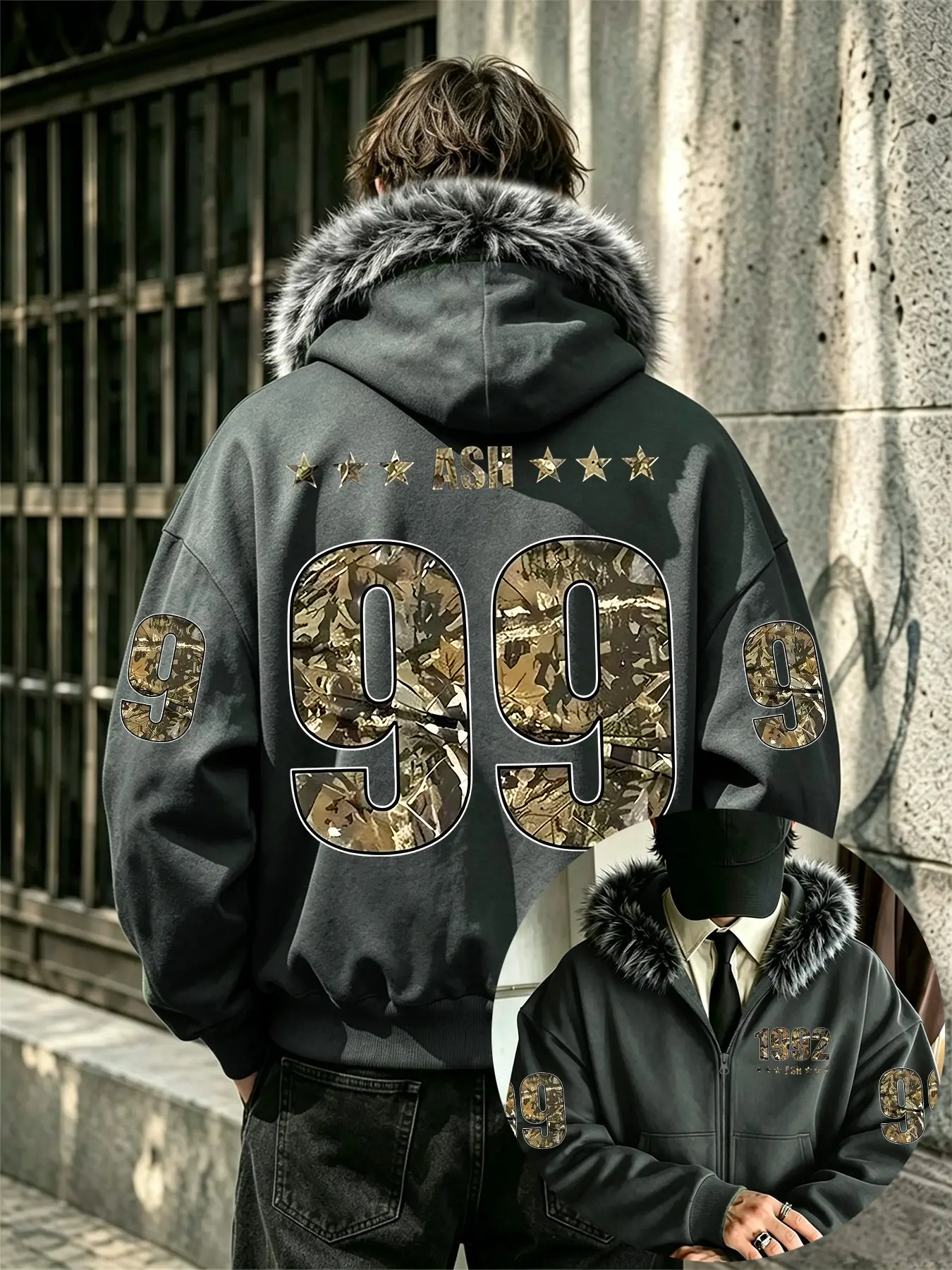 Zip‑Up Hoodie With Faux Fur Collar, Camouflage Number & Star Letter Graphic Print On Back And Sleeve, Loose Fit, Casual, Pocket Design, Y2K Retro Streetwear Warm Outerwear Jacket For Men#FauxFurHoodie #NumberPrintJacket #Y2KStreetwear #ZipUpHoodie