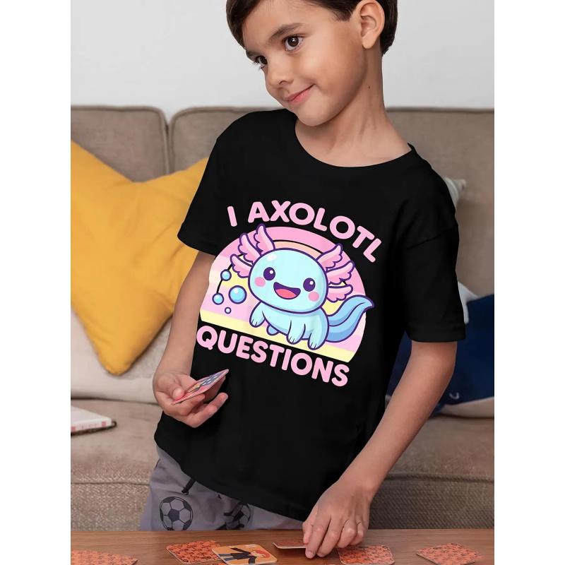 Girls' Funny Cute Axolotl Graphic T-Shirt - "I Axolotl Questions" Slogan with Pink Lettering & Mexican Walking Fish Design, Soft Round Neck Short Sleeve Casual Summer Top for Casual Attire, Playdates & Themed Events - Breathable Comfortable 'pparel
