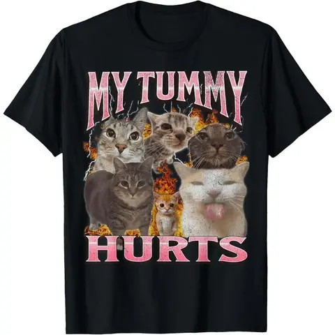 Women's Short-Sleeve Round Neck "My Tummy Hurts" Cat Meme Graphic Top - Natural Cotton, Soft, Breathable, Ribbed, Casual Fit Fashion T-Shirt for Outdoor Use