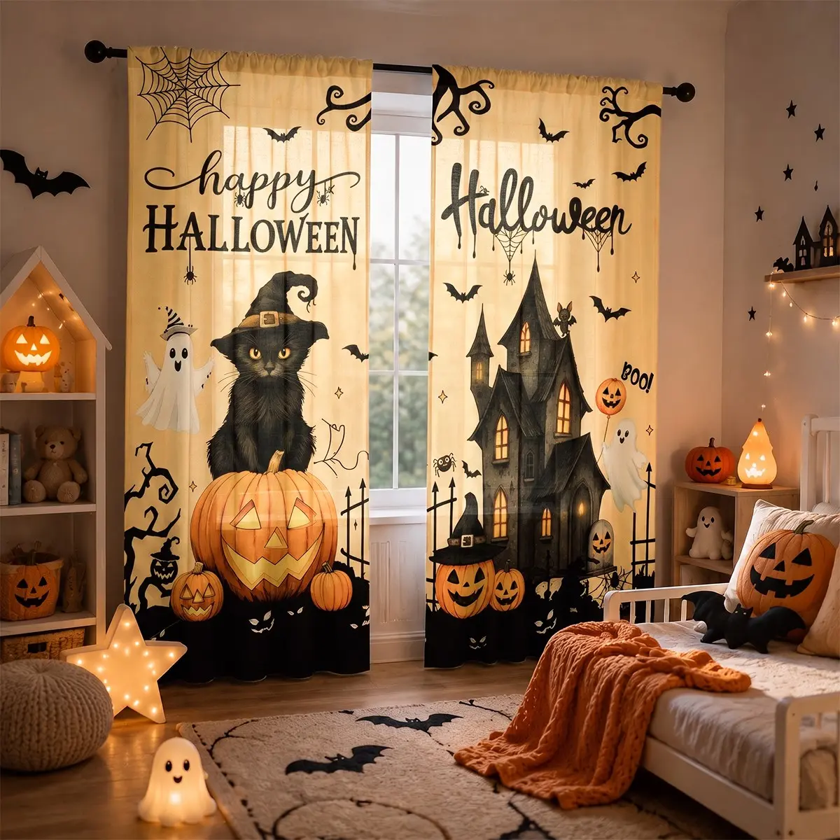 2pcs Halloween black cat pumpkin castle semi-opaque curtains, festive atmosphere floor-length curtains, pocket rod installation, made of polyester, privacy protection, suitable for living room, kitchen, bedroom, study, hotel, restaurant