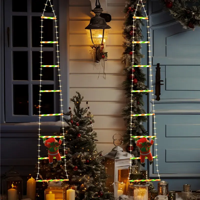 Santa Climbing Ladder Hanging Light, LED Illuminated Ladder String Lights with Detachable Santa, Outdoor Waterproof Decorative Lamp