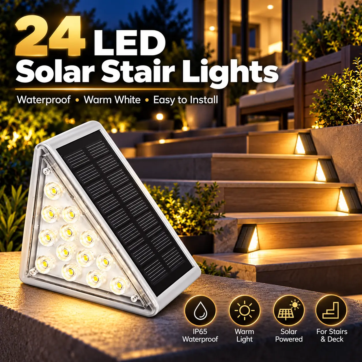 24-LED Solar Step Lights Outdoor, Warm White Stair Lighting for Decks, Patios, Walkways, Yards & Garden Steps, Easy-Install Solar-Powered Outdoor Lights