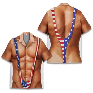 Patriotic Muscle Hawaiian Shirt Men, USA Flag Abs Body Shirt, 4th of July Funny Shirt, American Pride Party Outfit