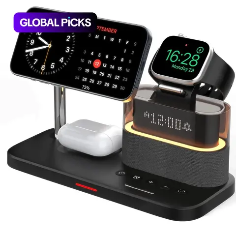 5-in-1 15W Wireless Fast Charger with Alarm Clock for Apple Devices; Magnetic Wireless Charging Stand for iPhone 18/17/16/15, Apple Watch Series 9/Ultra 2/8/7/SE/SE 2/6/5/12/Ultra 4/SE 3、Airpods 3/Pro/2/5/Pro 3
