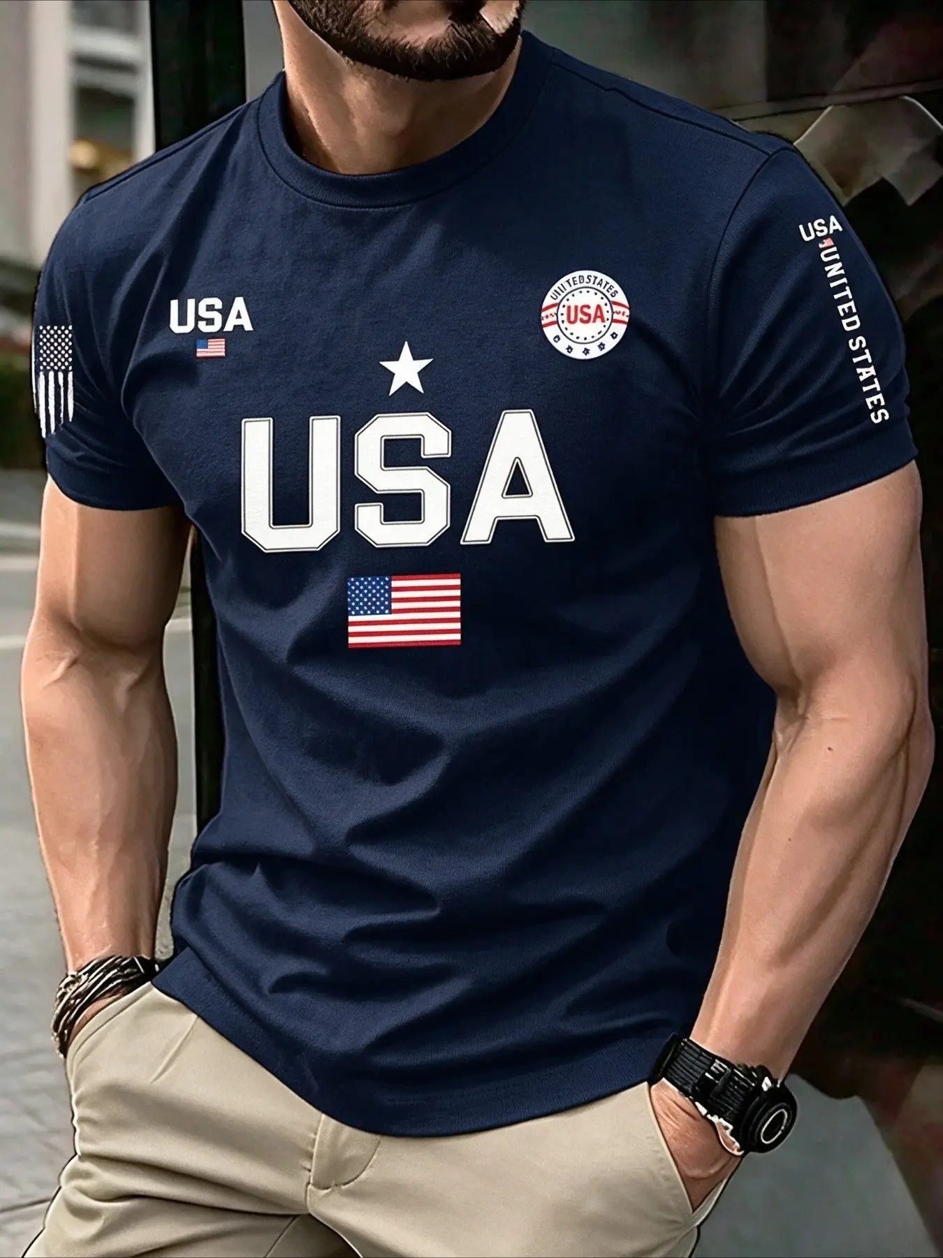 Summer Round Neck Men's 3D Flag Print T-Shirt, Casual Loose Fit, Breathable Sweat-Wicking, Street Fashion, Unisex Long Sleeve Top