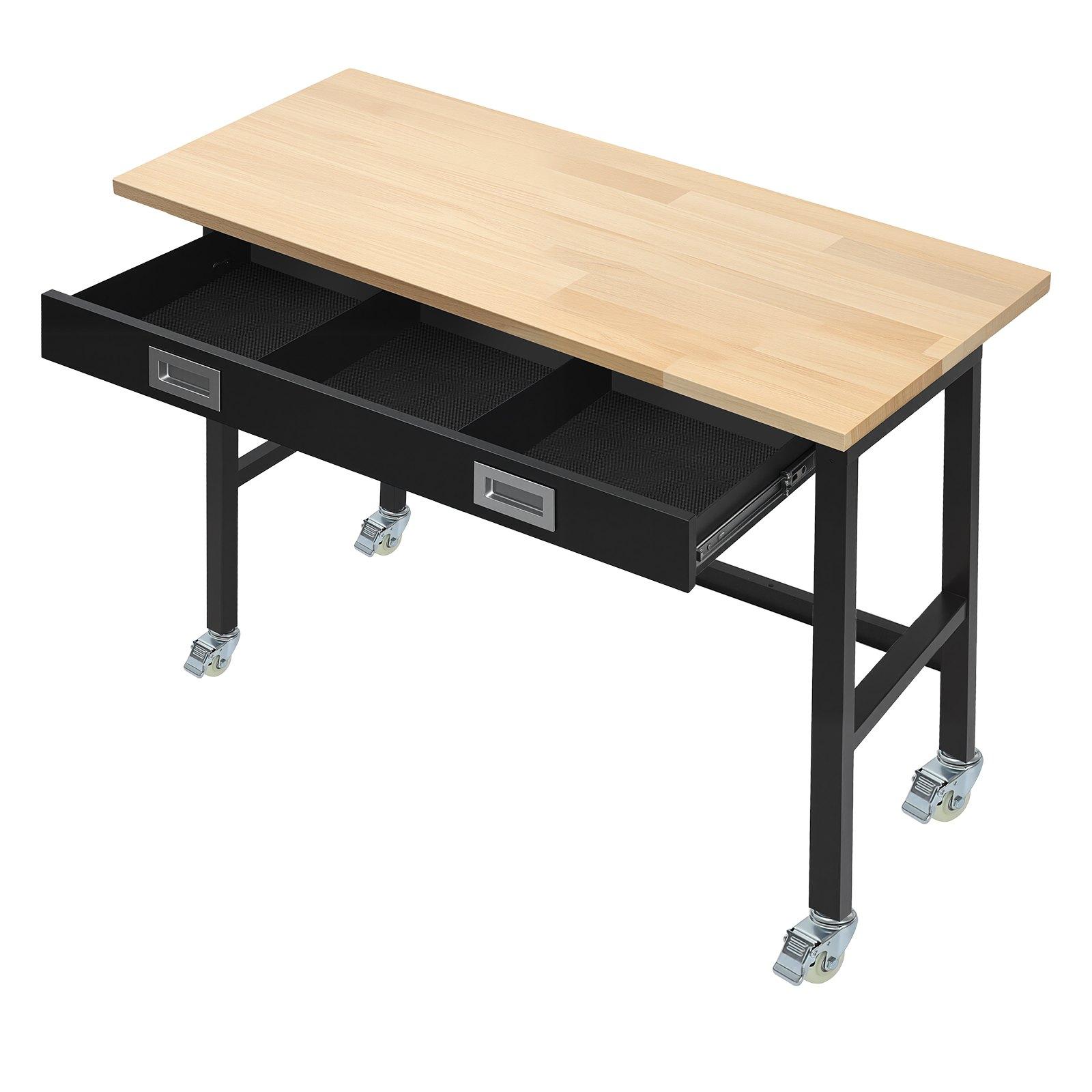 VEVOR 48-inch Workbench, 1500 lbs Load Capacity, Garage Workbench with Drawer Storage & Wheels, Workshop Bench on Wheels, Heavy Duty Oak Wood Top Work Table for Garage, Workshop, Office, and Home