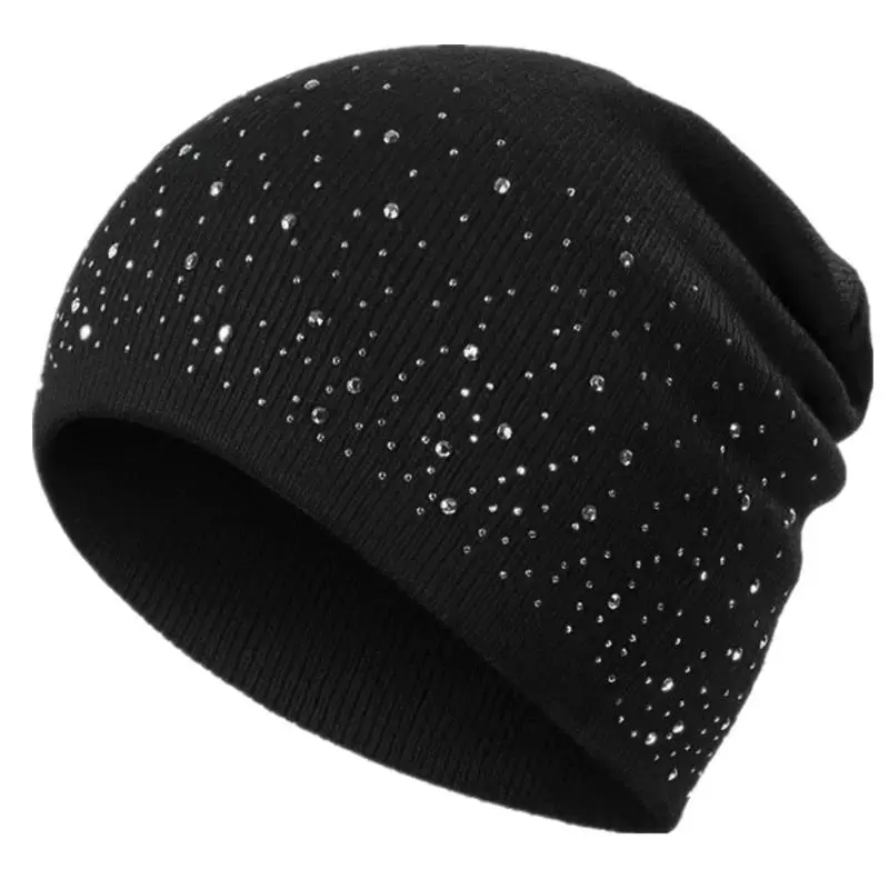 Women's Stylish Rhinestone-Decorated Knitted Beanie, Glamorous Glitter Luminous Unisex Hat for Winter-Fall Casual Outdoor Streetwear (Hot Sale Festive Party Gift Accessory)