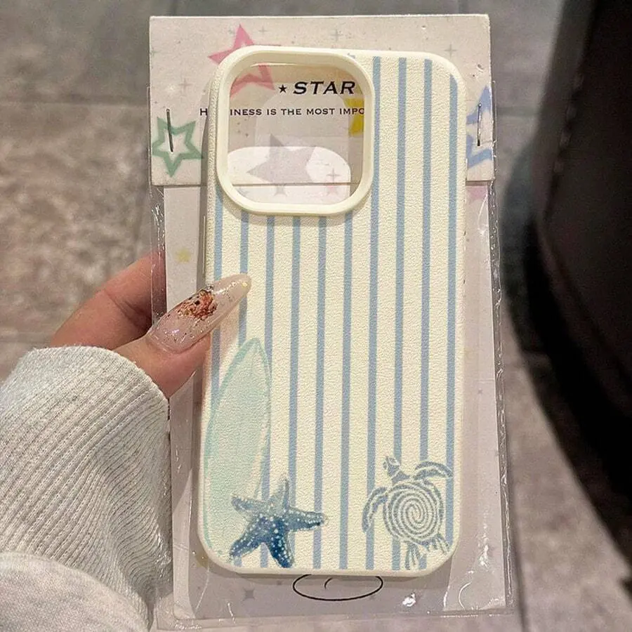 1pc TPU Material Fresh Blue & White Striped Sea Turtle & Starfish Surfboard Pattern Phone Case Compatible With IPhone 17 Pro Max/17/16 Pro Max/15/13/12/11, Full-Body Soft Protective Cover