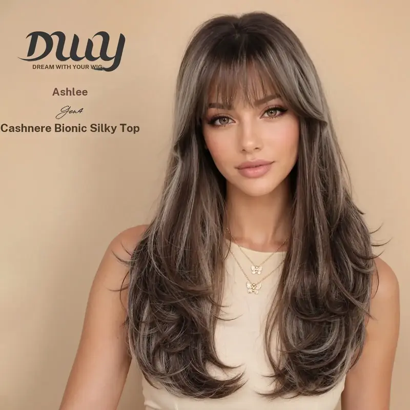 Ashlee NEW CRAFT! [GEN4 cashmere Bionic Silky Top] 22 Inch Long Chunky Highlights Brown Glueless Synthetic Wig with Bangs for Women High Quality soft texture Easy Wear Comfortable Fit