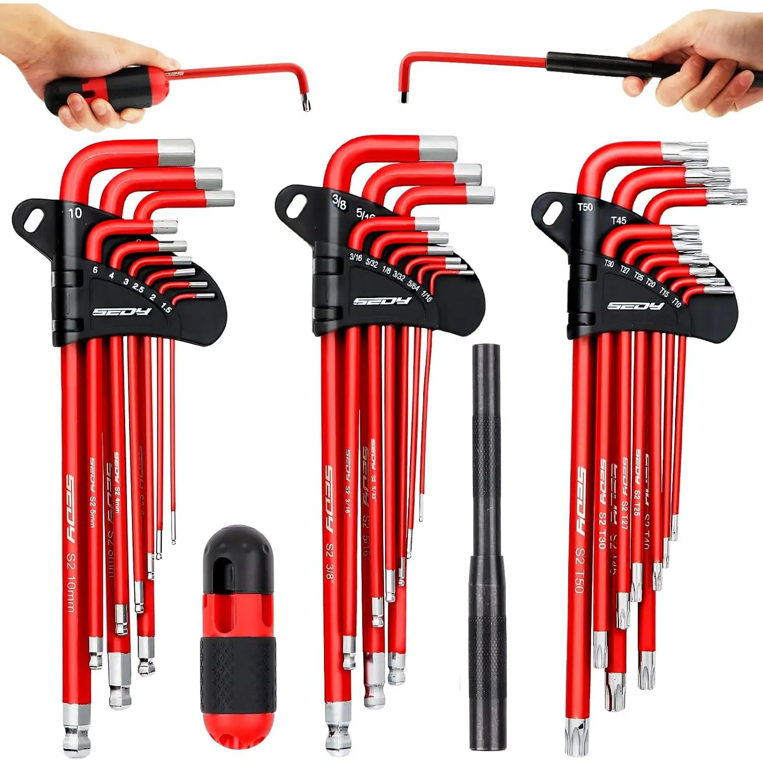 SEDY 30-Piece Long Arm Ball End L-Hex & Torx Key Set with Grip Handle, Hex Key Wrench Set with T-Handle and Extension Bars, SAE 1/16" to 3/8", Metric 1.5mm to 10mm, Torx T10 to T50