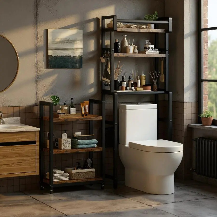 Minimalist 3-Tier Over-The-Toilet Storage Cabinet - Rectangular Freestanding Particle Board Unit with Compact Design, Extra Storage Cart, Hooks, Easy Setup for Bathroom Upgrade & Bath Decor (11x24x36.6in)