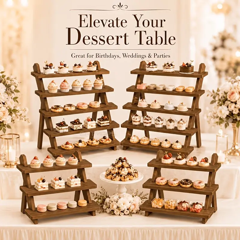 Dessert Display Stand.A Four-tier Heavy Wooden Cake Display Stand With A Textured Ladder-style Cupcake Rack. The Multi-tier Design Is Suitable For Use In Homes, Shops, Bakeries, Weddings, Doll Card Displays, And Jewelry Showcases A Space-saving