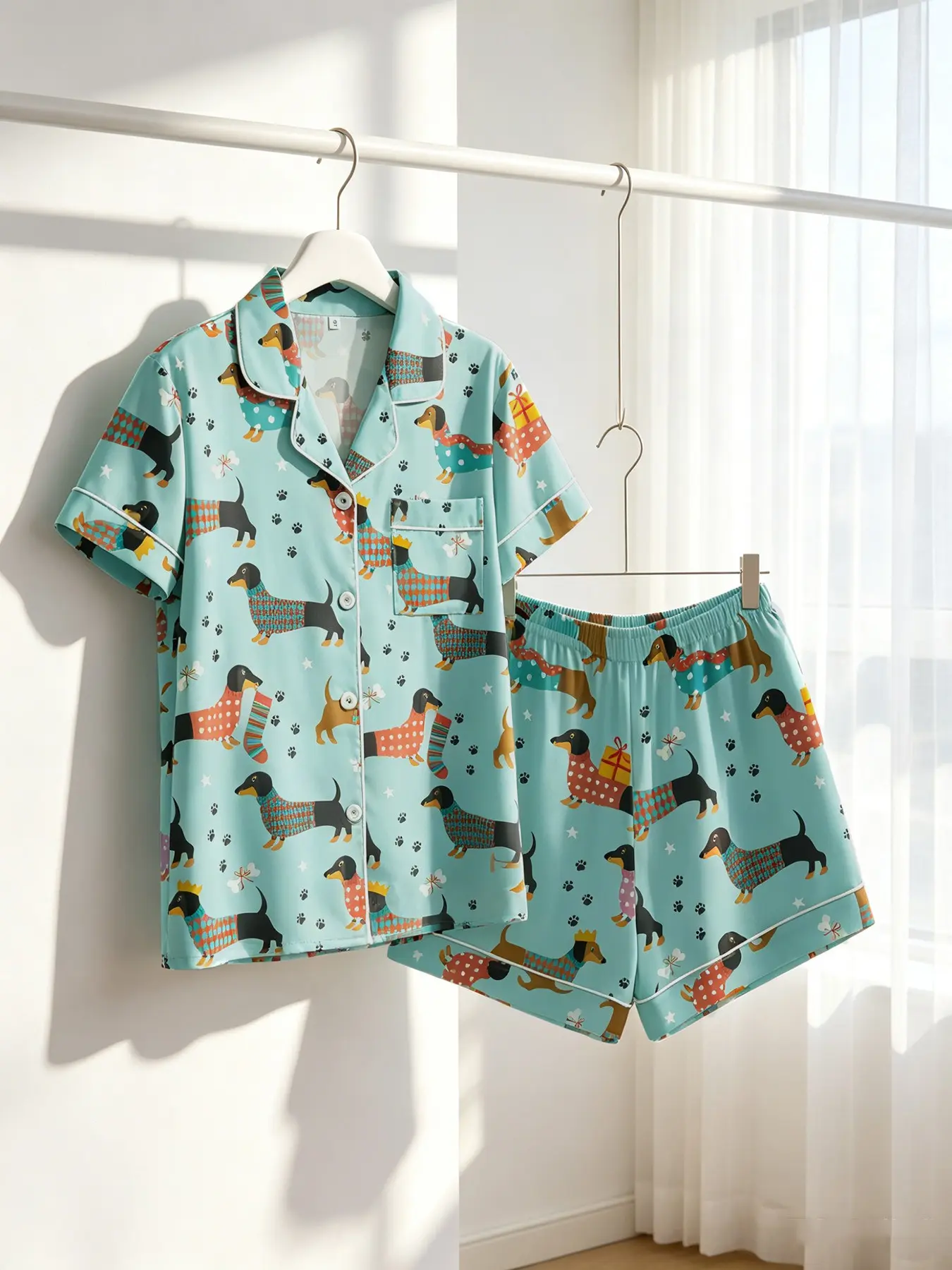Women's Button-Down Short Sleeve Top & Shorts Pajama Set, Matching Pj Set, Pyjamas, Healing Mint Blue Dachshund Print, White Piping, Front Pocket, Elastic Waist, Spring Summer Wear, Cozy Cute Dog Lover Loungewear
