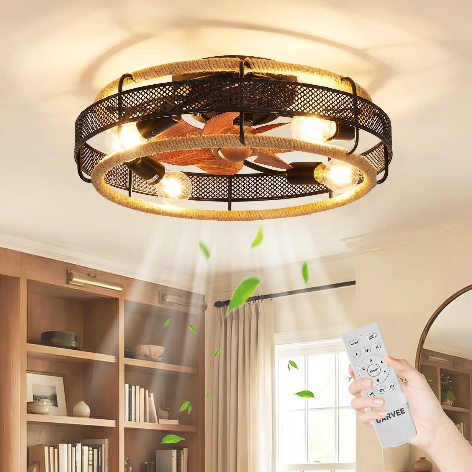 20.5 Inch Caged Ceiling Fan with Light Modern Farmhouse Style Flush Mount 6 Speed Reversible Silent Motor Remote Control Low Profile Fandelier for Bedroom Living Room Kitchen