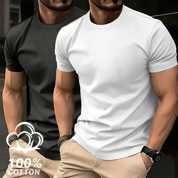 Multi-tone Basic Short Sleeve Knit Sweater, Elastic Smooth Fabric Slimming Crew Neck Tee, Easy-matching Versatile Piece for Relaxed Daily Summer Outfits and All Occasion Polished Mensfashion