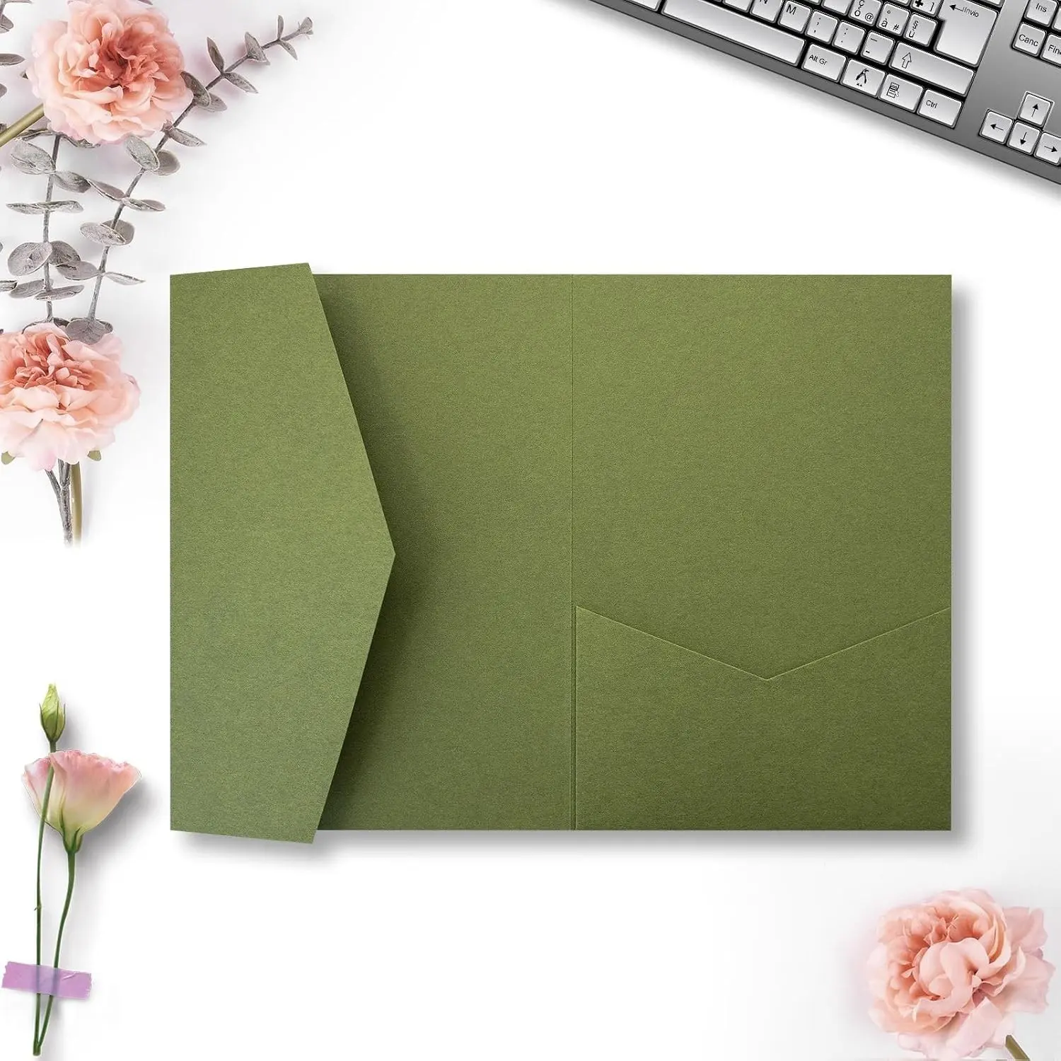 25 Pieces A7 Pocket 5.12 x 7.09 Trifold Invitation Cards Matte Olive Green for Wedding Bridal Shower Engagement Birthday Sweet 16