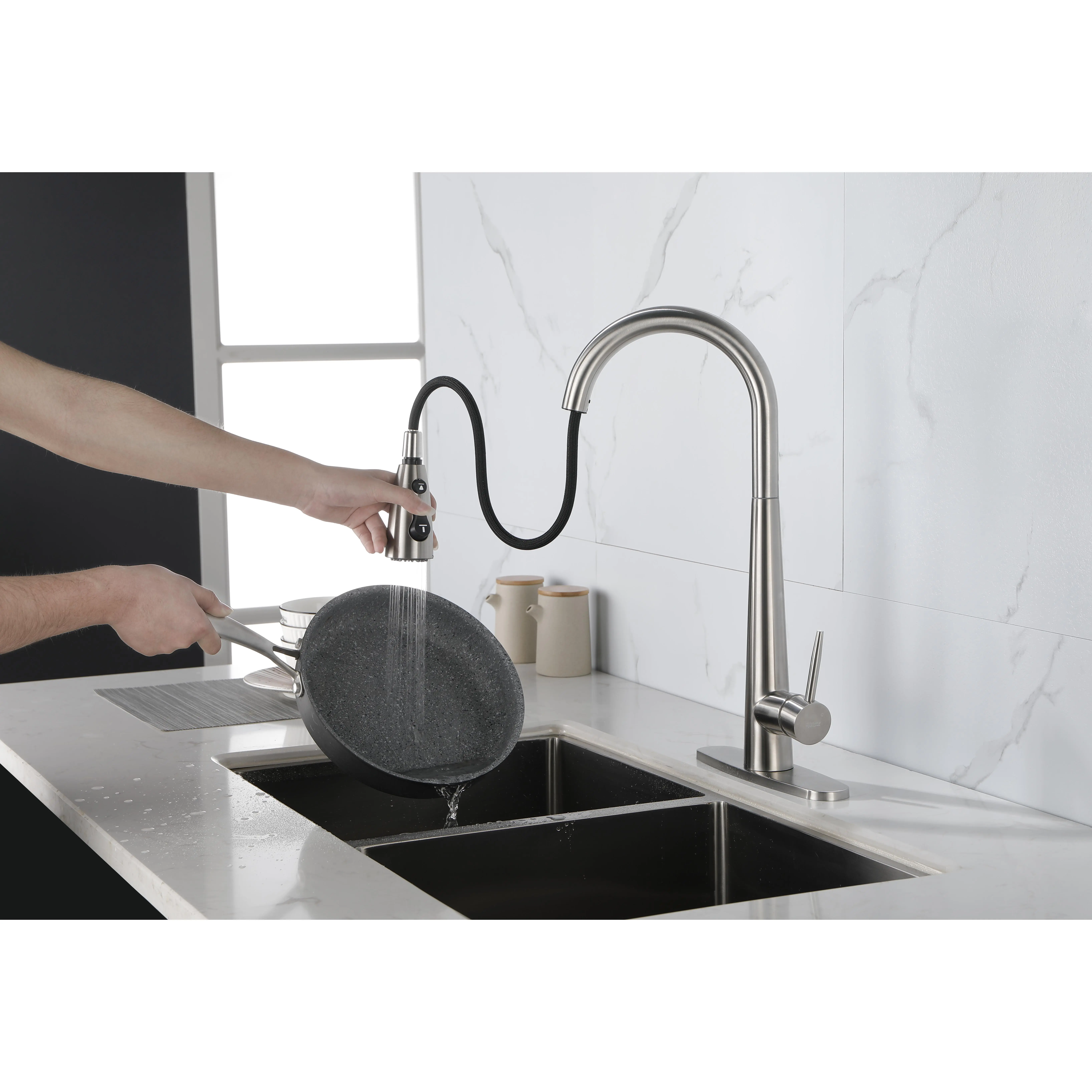 ARCH Brushed Nickel Pull-Down Curved Spout Kitchen Faucet - Single Handle Stainless Steel Tap with Deck Plate, Multi-Spray Sprayer, Easy to Clean for Indoor Kitchen Sink Setup, Commercial Modern Design Fixture