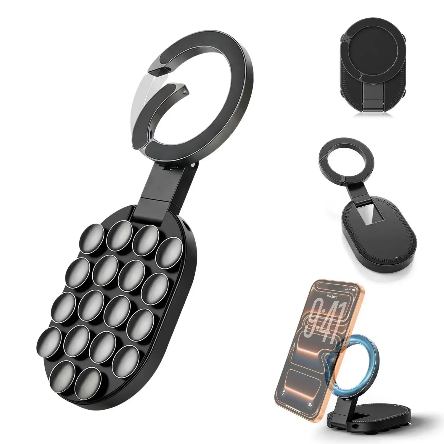 Double-Sided Magnetic & Suction Phone Holder, 3-in-1 Portable 360° Rotating Foldable MagSafe-Compatible Phone Stand with Strong Suction Base, Hands-Free Phone Mount for Car, Mirror, Gym, Kitchen and Travel