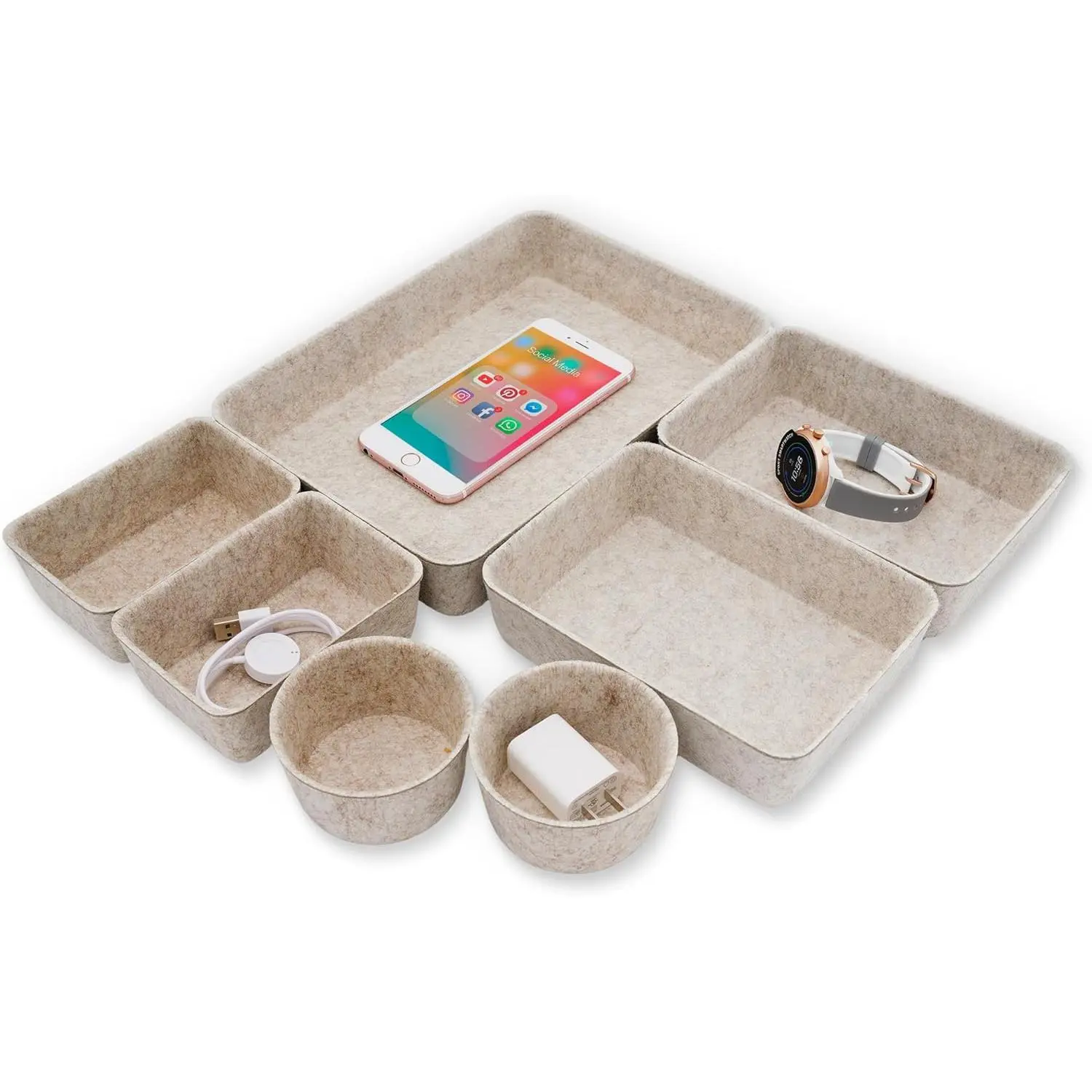 7-Piece Minimalist Scandinavian Recycled Felt Desk Drawer Organizer Set, Oatmeal Catchall Tray with 4 Sizes, Sustainable Soft-Sturdy Material for Multi-Purpose Home Storage