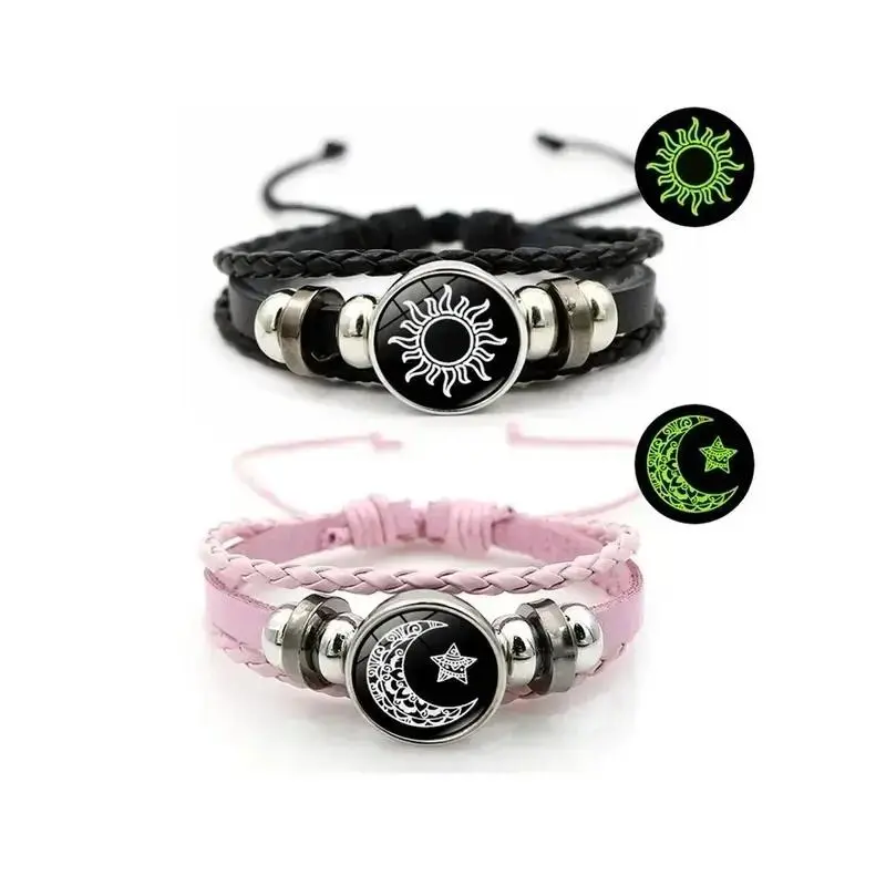 His Hers Adjustable Couple Bracelets Luminous Sun Moon Woven Leather Punk Jewelry Matching Stackable Set