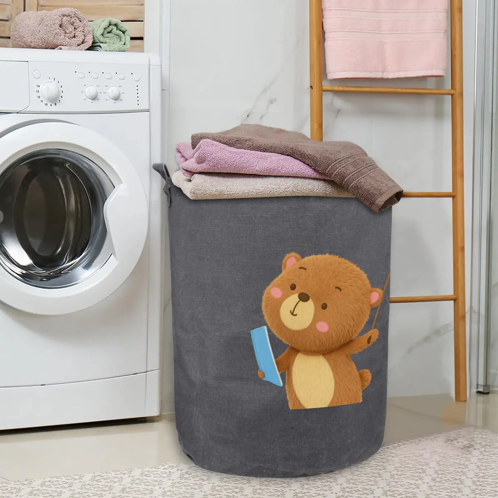 63L Large Capacity Collapsible Waterproof Laundry Hamper, Sturdy Fabric Storage Basket with Carry Handles, Adorable Cartoon Bear Print, Space Saving Foldable Bin for Home Bedroom, Dorm Laundry Storage