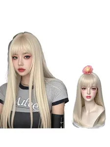 Gold Long Straight Synthetic Wig for Women, Bangs Design, Natural Look, Perfect Gift for Holidays, Party Use, Multi-Scene Application