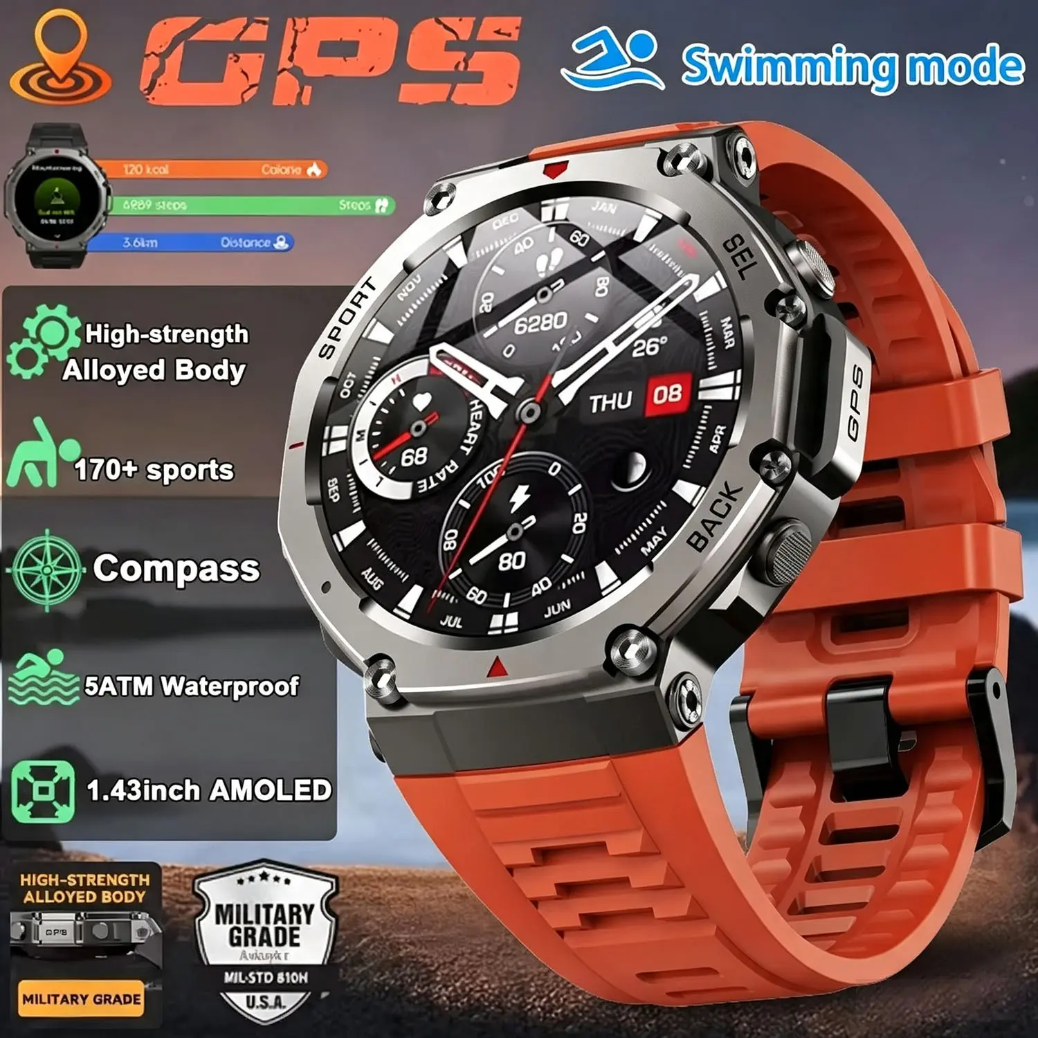 Smartwatch for Men GPS Location Tracking GPS AMOLED Screen Rugged Waterproof Outdoor Sport Fitness Silicone Remote Smart watch