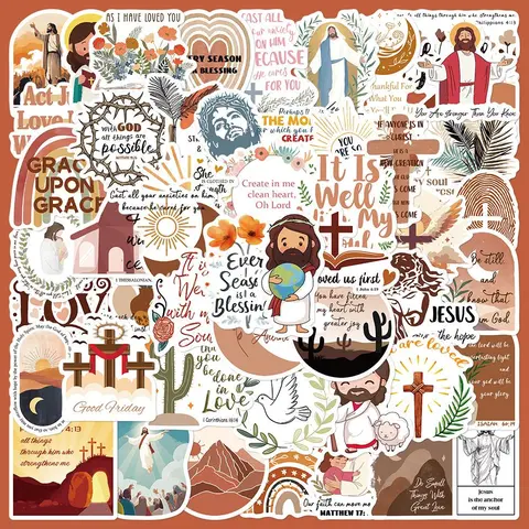 Jesus Themed Stickers, 50PCS Waterproof Durable Plastic Decorative Stickers with 1 Storage Box, for Phone Case, Laptop, Skateboard, Scrapbook, Journal, Earphone Casing, Accessories