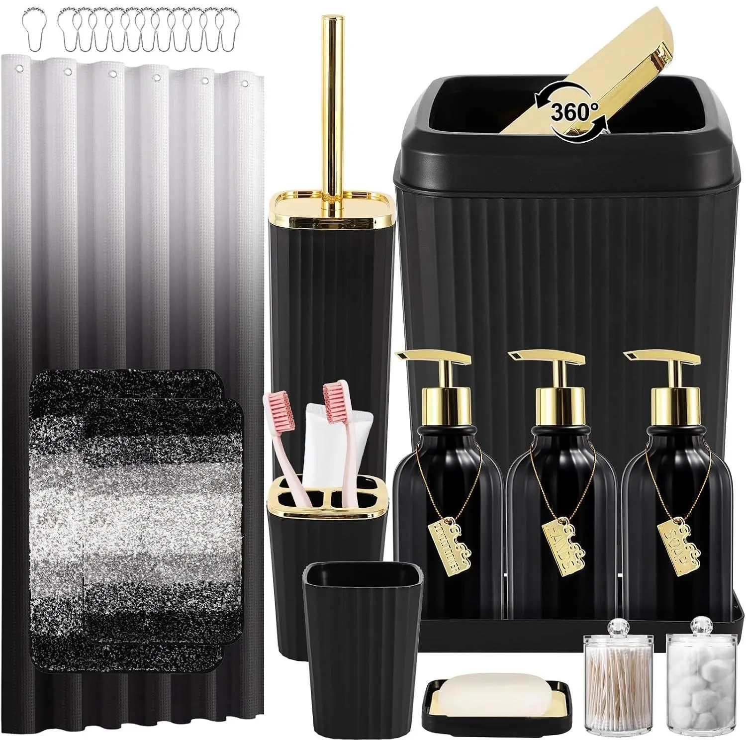 32PCS Black Bathroom Accessories Set, Complete Shower Curtain Set with Rugs, Trash Can & Full Bath Decor Kit