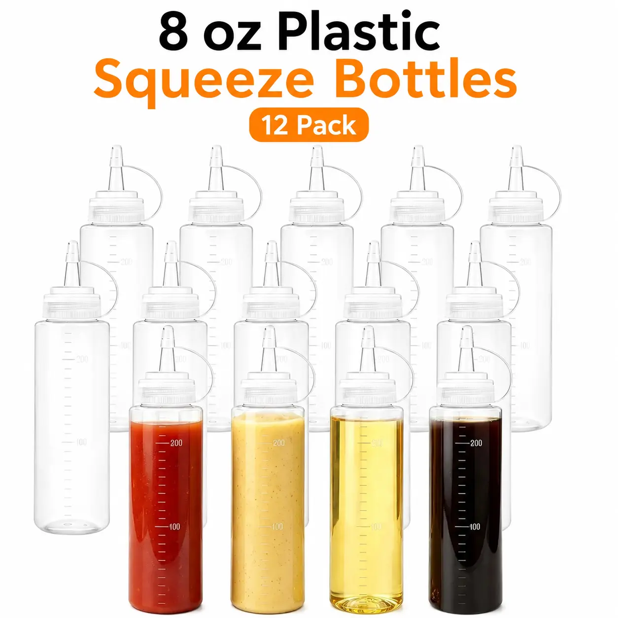 12 Pack 8 oz Plastic Squeeze Bottles, Multipurpose Squirt Bottles for Ketchup, Condiments, BBQ Sauce, Dressing, Syrup, Grilling & Crafts