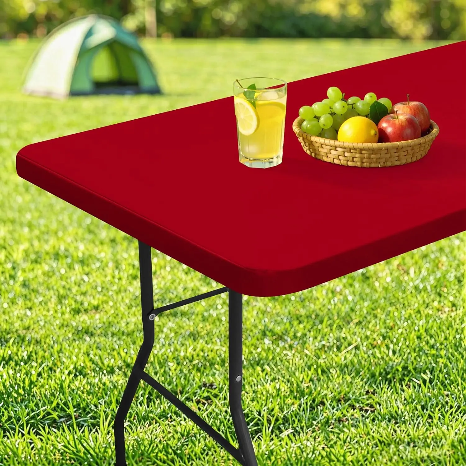 Rectangle Table Cloth Cover, Waterproof Polyester Elastic Fitted Tablecloth, Fits for 6 Foot Folding Tables, Washable Table Protector for Picnic, Camping, Outdoor, 4th of July (Red, 30" x 72")