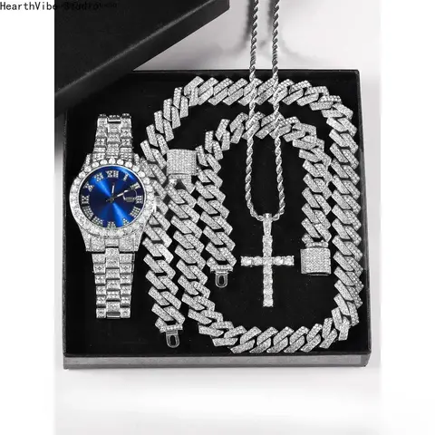 Unisex 5-Piece Trendy Accessory Set - Exquisite Watch, Cross Necklace, Adjustable Alloy Bracelet with Rhinestone Accents, Bold Look, Jewellery Gift Set, Gifts for Him, Sports & Outdoor Camping Hiking Hammock Companion