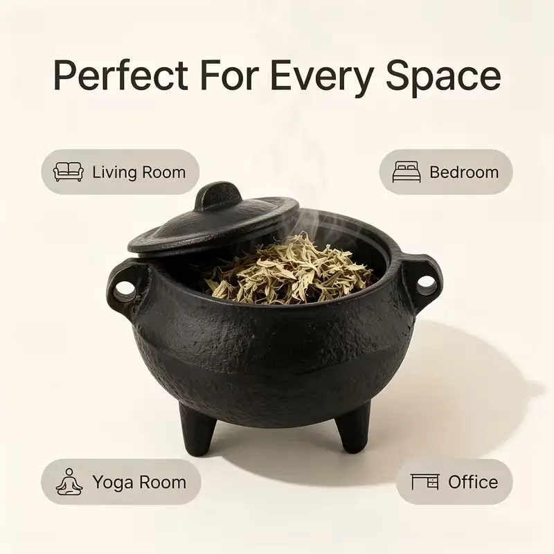 Cast Iron Incense Burner with Lid and Handle, Durable Vintage Three-Legged Diffuser, Universal for Sage and Charcoal, Home Meditation Decor