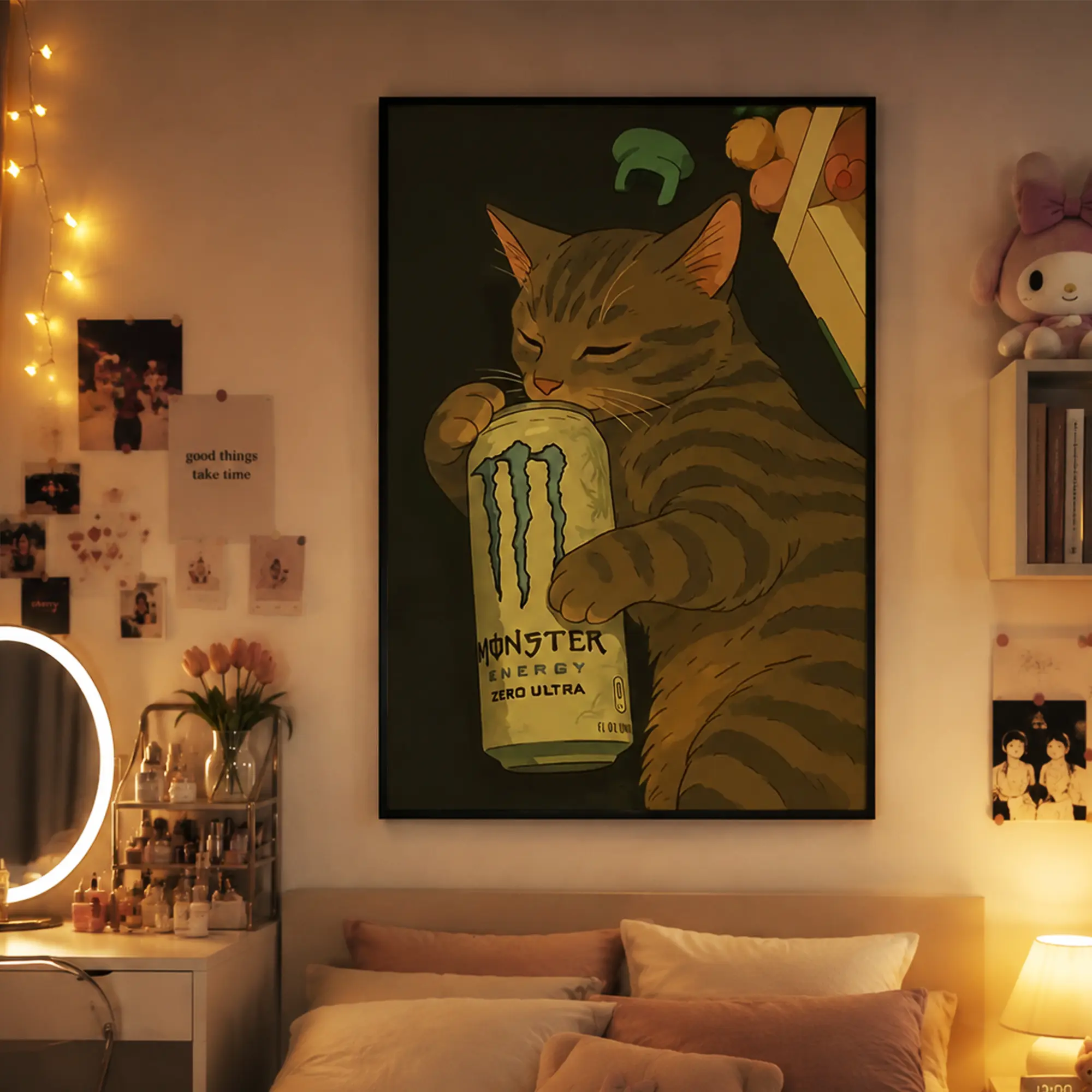 1 Piece/Set Canvas Painting Print Poster, Print Design, Classic Chill Minimalist Nostalgic Anime Lo-Fi Meme Pop Art, Cat Nap, Perfect Gift for Energy Drink Lovers, Bedroom, Study, Office, Living Room, Kitchen, Mural, Home Decor