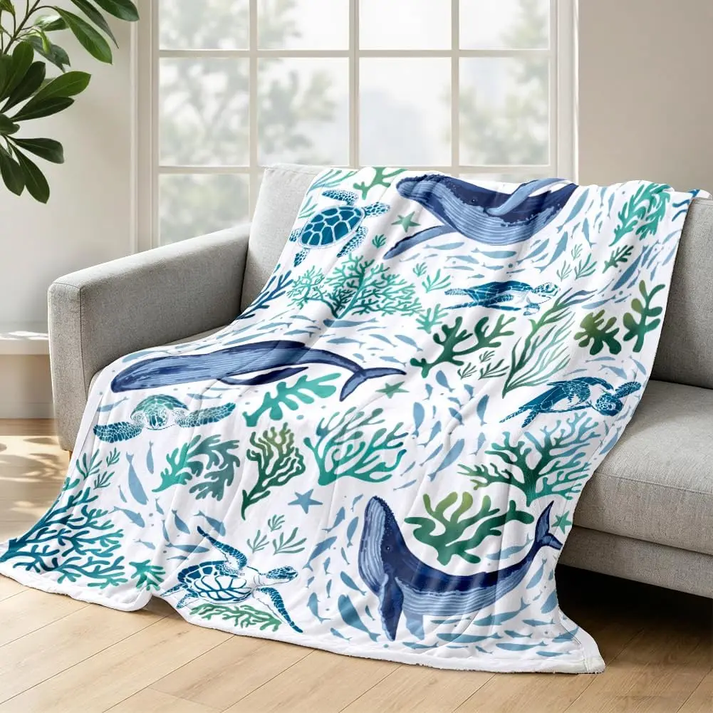 Sea Turtle Throw Blanket Blue  Whale Blanket Coastal Coral Underwater Marine Life Blankets Super Soft Cozy Flannel Fleece Bed Blankets for Couch Sofa