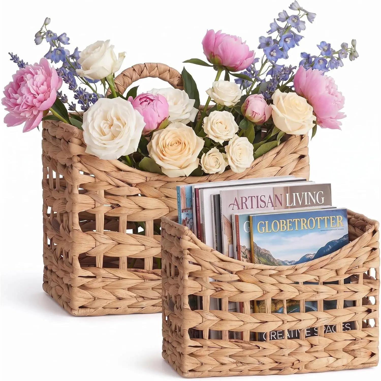 2 Pcs Wicker Hanging Wall Basket Woven Hanging Baskets Natural Water Hyacinth Wall Mounted Storage Baskets with Handle Farmhouse Home Decor for Front Door Entryway Organizing Mail Flowers Plant