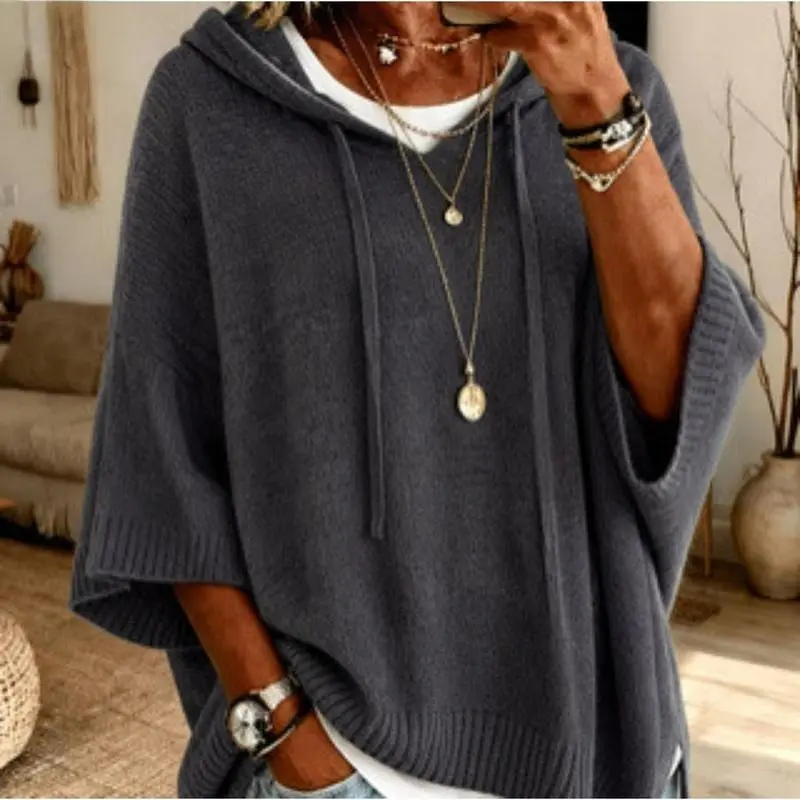 Lady's Hooded Knitting Pullover Sweater - Basic Baggy Oversize Casual Wear, Knit Fabric, Relaxed Cut for Fall Winter Sports & Lawn Tetherball Outfits