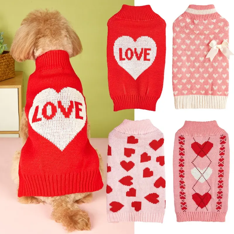 New Valentine's Day Knit High-Elasticity Round Neck Pink Red Lover Bow Heart Pattern French Bulldog Bichon Dog Sweater