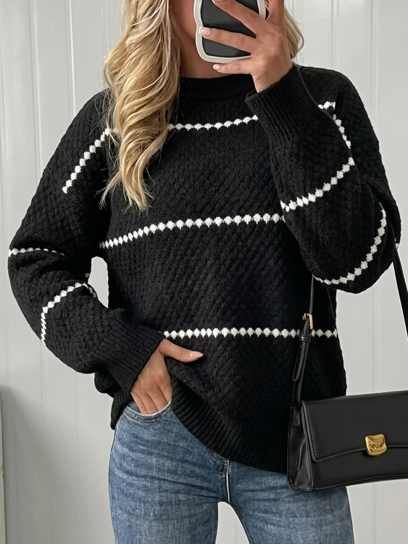 Plus Size Elegant Casual Geo Cable Knit Long Sleeve Sweater, Long Loose-Fitting Floral Pattern, Fall & Winter Women's Clothing