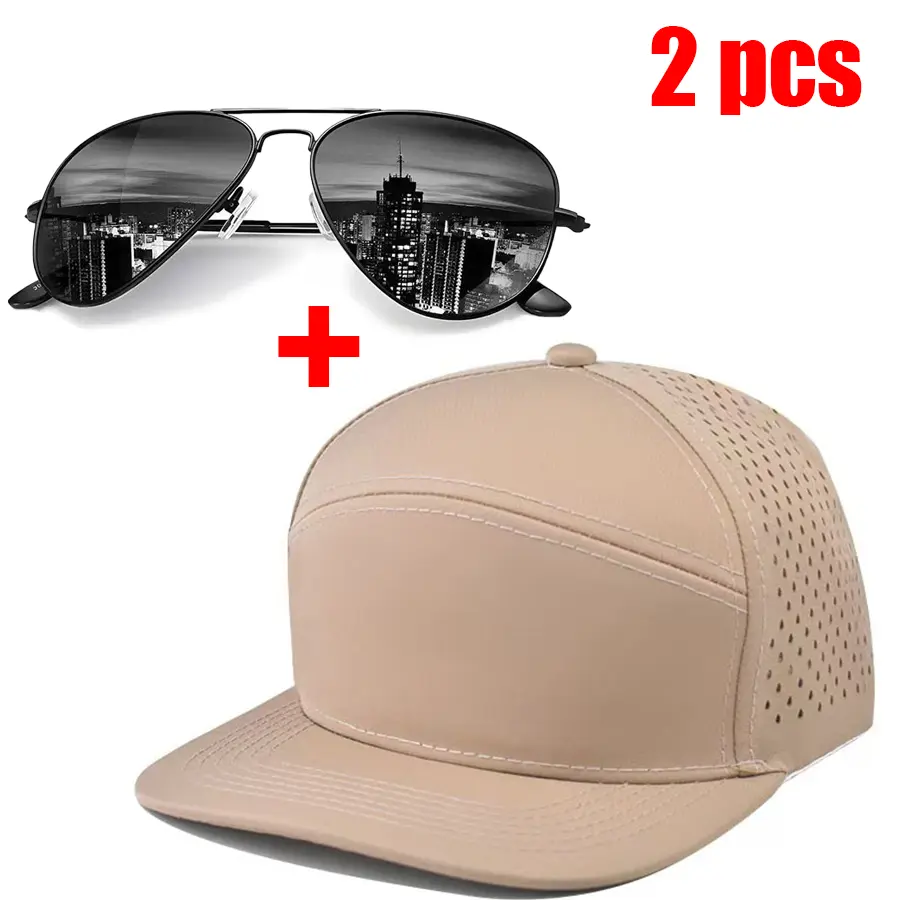 2 Pcs Outdoor Sports Sun Protection Kit, 7 Panel Laser Ventilated Flat Bill Snapback Hat & Anti-Glare Aviator Sunglasses, Sweat Wicking Water Resistant Performance Cap for Golf Fishing Cycling Running Driving