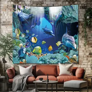 Single-Sided Digital Print Wall Hanging Tapestry, Ocean Theme Shark Pattern, 90gsm Polyester, Easy to Install, Decorative for Living Room Bedroom
