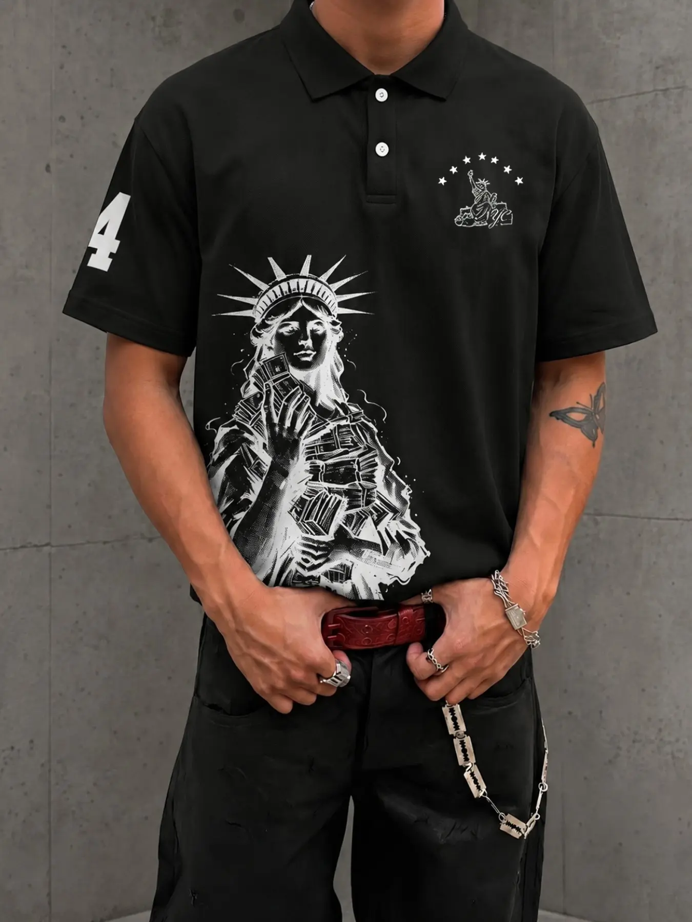 Men's Edgy Streetwear Black Polo Shirt | Statue of Liberty Money Graphic Hip Hop Collared Tee | Casual Urban NYC Style Grunge Short Sleeve Top for Summer Outfits