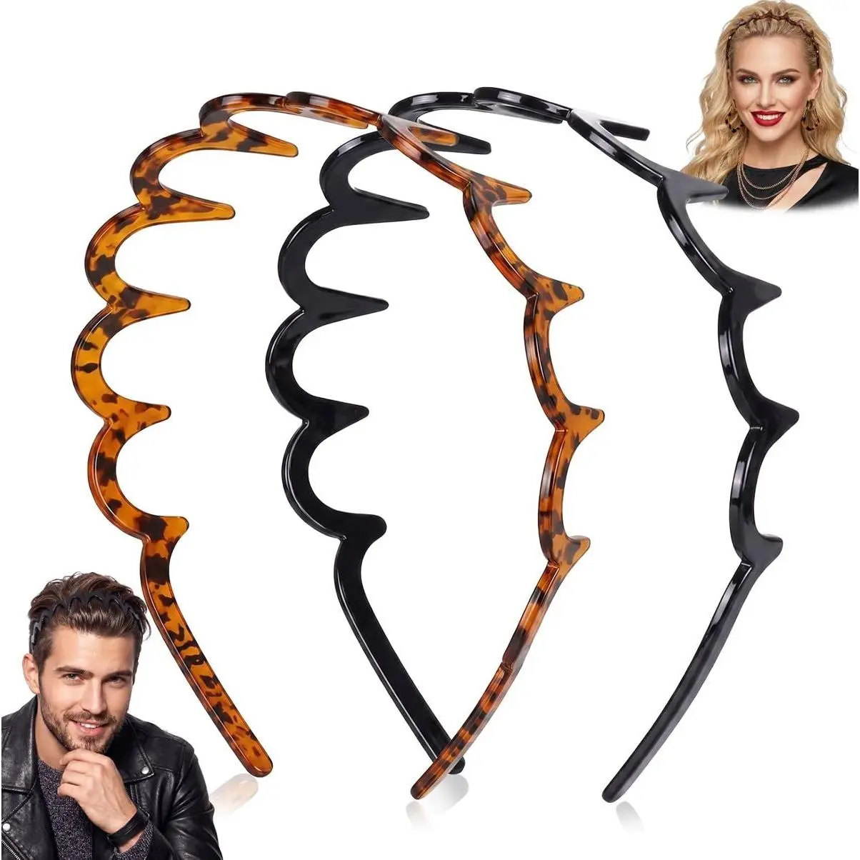 Zig Zag Headbands for Women, 2 Pack Non Slip Zigzag Comb Headband with Teeth, Wavy Plastic Hair Bands for Slicked Back Styles, 90s Hair Accessories, Gifts for Women (Black & Tortoise)